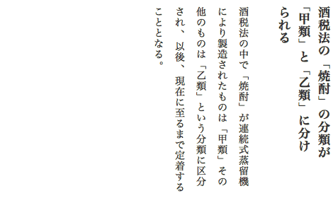 酒税法の「焼酎」の分類が「甲類」と「乙類」に分けられる