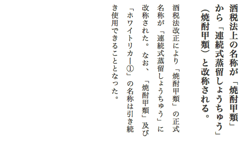 酒税法上の名称が「焼酎甲類」から「連続式蒸留しょうちゅう」（焼酎甲類）と改称される。