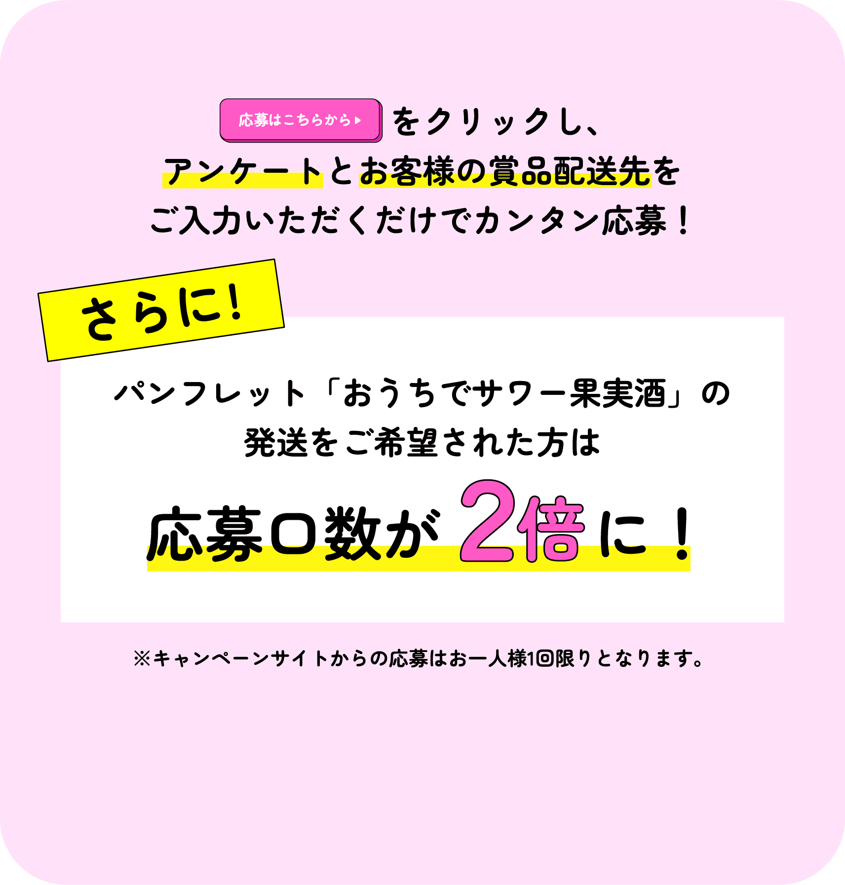 「応募はこちらから」をクリックし、アンケートとお客様の賞品配送先をご入力いただくだけでカンタン応募！さらに!パンフレット「おうちでサワー果実酒」の発送をご希望された方は応募口数が2倍に！※キャンペーンサイトからの応募はお一人様1回限りとなります。