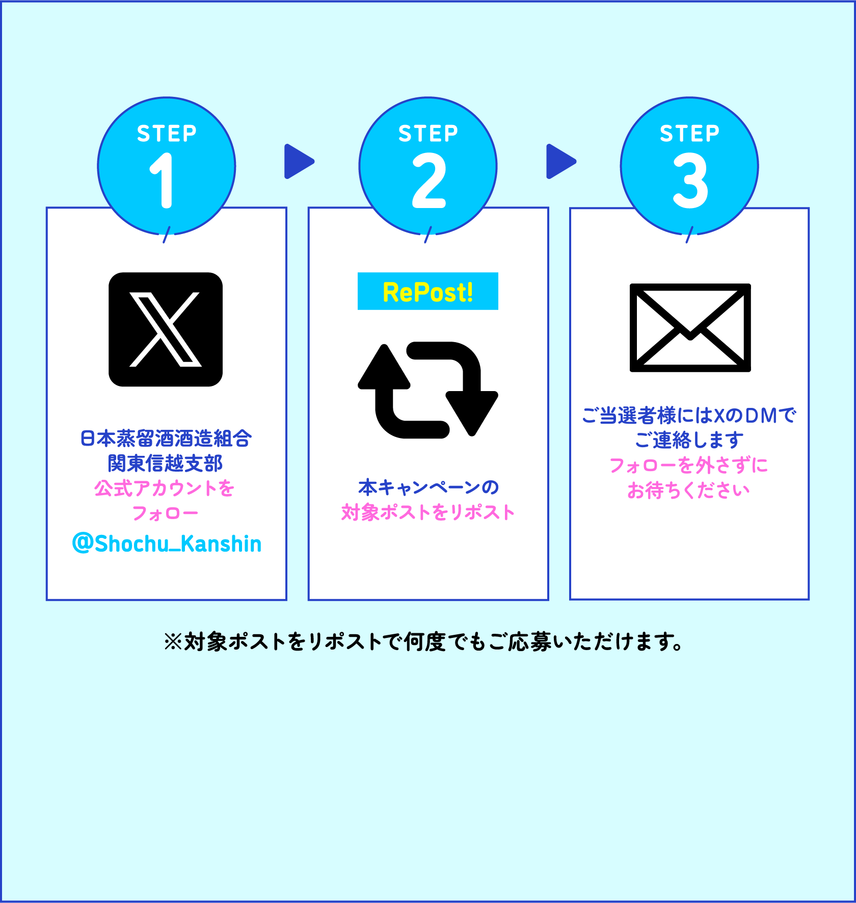 STEP1 日本蒸留酒酒造組合 関東信越支部公式アカウントをフォロー（＠Shochu_Kanshin） → STEP2 本キャンペーンの対象ポストをリポスト → STEP3 ご当選者様にはXのDMでご連絡します フォローを外さずにお待ちください ※対象ポストをリポストで何度でもご応募いただけます。