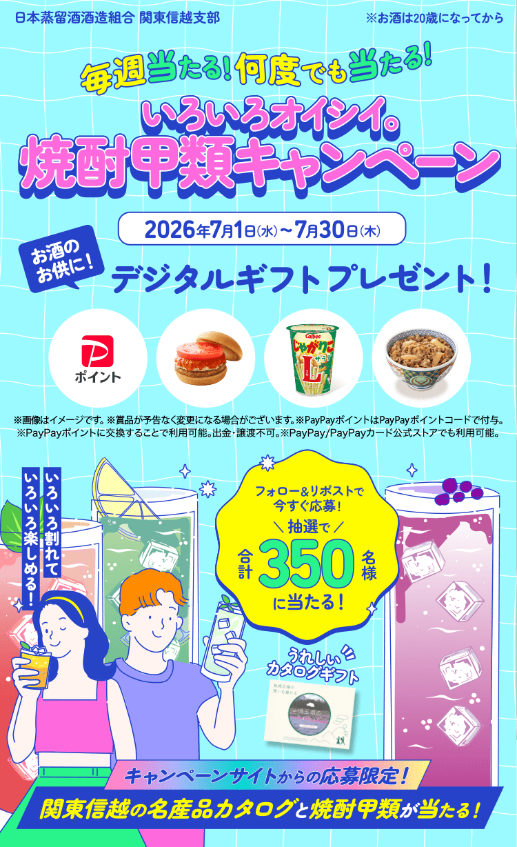 いろいろオイシイ。焼酎甲類キャンペーン 2026年7月1日（水）→7月24日（木）毎週当たる!何度でも当たる! お酒のお供に!デジタルギフトプレゼント! キャンペーンサイトからの応募限定！関東信越の名産品カタログと焼酎甲類が当たる！ ※イメージ ※賞品が予告なく変更になる場合がございます。※PayPayポイントはPayPayポイントコードで付与。※PayPayポイントに交換することで利用可能。出金・譲渡不可。※PayPay/PayPayカード公式ストアでも利用可能。 