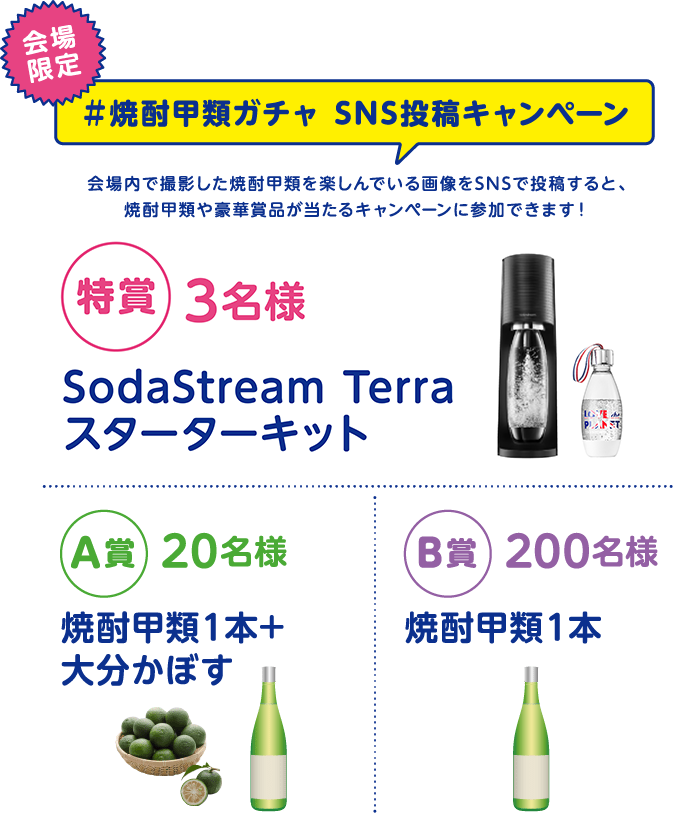 会場限定総計223名様に焼酎甲類や豪華賞品が当たる！＃焼酎甲類ガチャ SNS投稿キャンペーン会場内で撮影した焼酎甲類を楽しんでいる画像をSNSで投稿すると、焼酎甲類や豪華賞品が当たるキャンペーンに参加できます！特賞3名様Soda Stream TerraスターターキットA賞20名様焼酎甲類１本＋大分かぼすB賞200名様焼酎甲類１本
