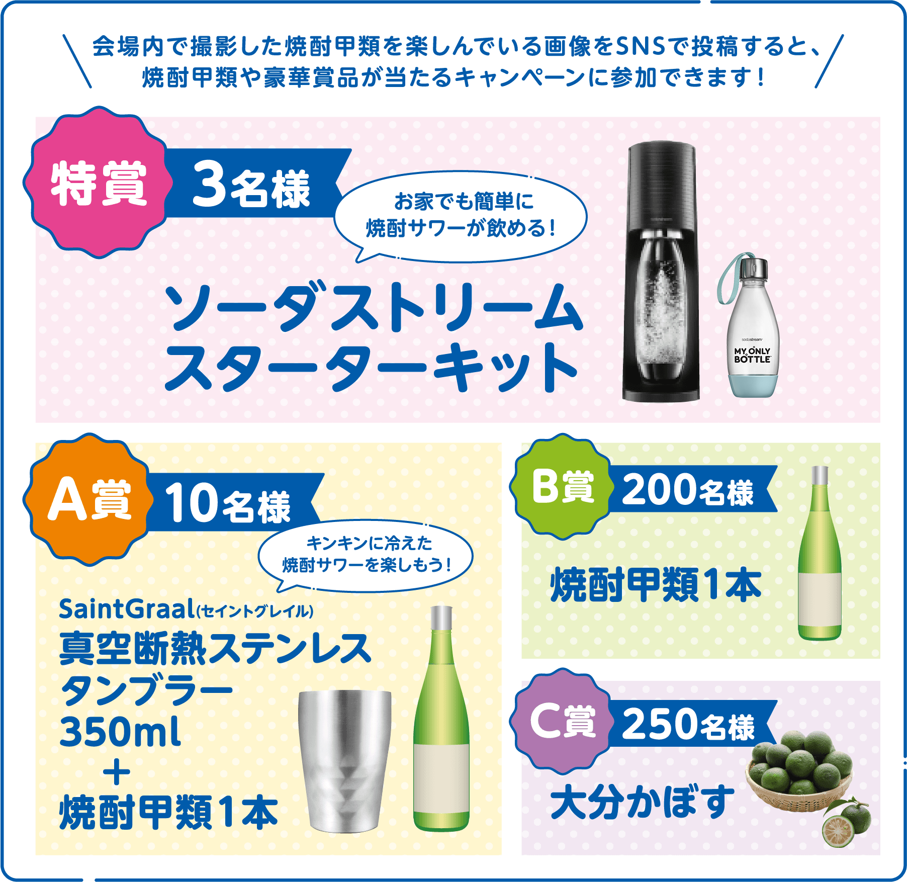 会場内で撮影した焼酎甲類を楽しんでいる画像をSNSで投稿すると、焼酎甲類や豪華賞品が当たるキャンペーンに参加できます！ 特賞3名様 お家でも簡単に焼酎サワーが飲める！ソーダストリームスターターキット A賞10名様 キンキンに冷えた焼酎サワーを楽しもう！SaintGraal(セイントグレイル)真空断熱ステンレスタンブラー350ml＋焼酎甲類1本 B賞200名様 焼酎甲類200名様1本 C賞250名様 大分かぼす