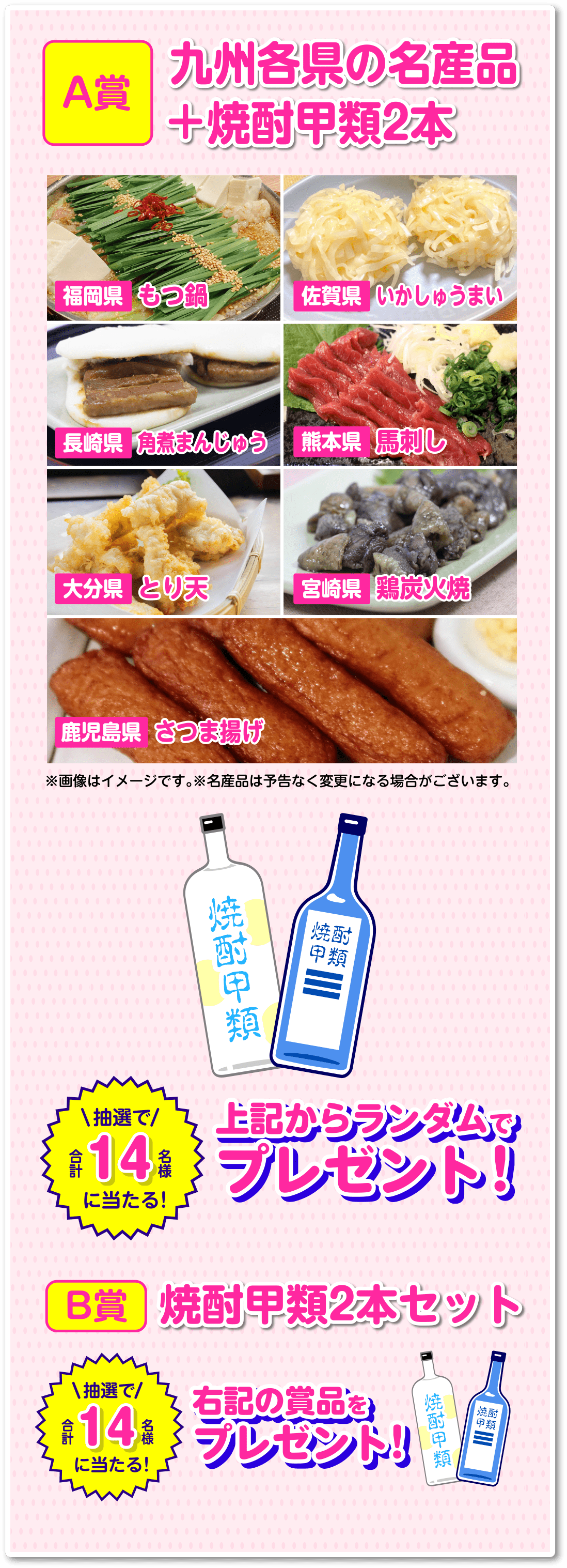 A賞 九州各県の名産品＋焼酎甲類2本 福岡県 もつ鍋 佐賀県 いかしゅうまい 長崎県 角煮まんじゅう 熊本県 馬刺し 大分県 とり天 宮崎県 鶏炭火焼 鹿児島県 さつま揚げ B賞 焼酎甲類2本セット