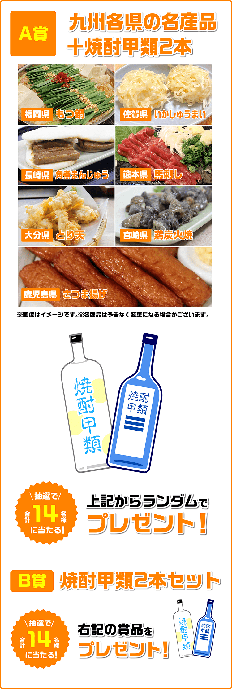 A賞 九州各県の名産品＋焼酎甲類2本 福岡県 もつ鍋 佐賀県 いかしゅうまい 長崎県 角煮まんじゅう 熊本県 馬刺し 大分県 とり天 宮崎県 鶏炭火焼 鹿児島県 さつま揚げ B賞 焼酎甲類2本セット