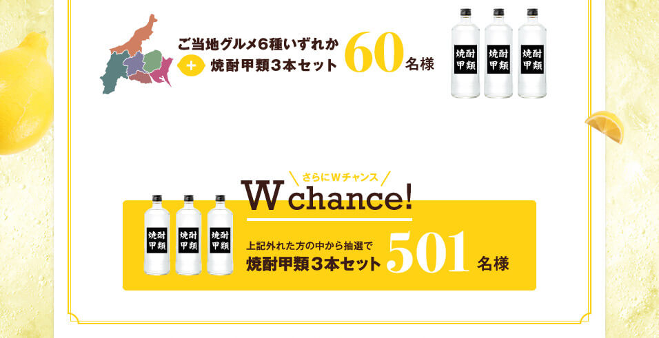 さらにWチャンス上記外れた方の中から抽選で焼酎甲類3本セット501名様