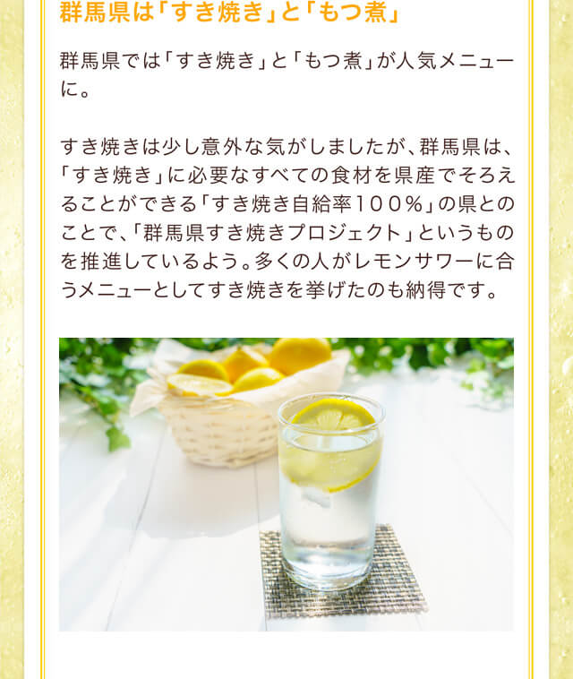 群馬県は「すき焼き」と「もつ煮」群馬県では「すき焼き」と「もつ煮」が人気メニューに。すき焼きは少し意外な気がしましたが、群馬県は、「すき焼き」に必要なすべての食材を県産でそろえることができる「すき焼き自給率１００％」の県とのことで、「群馬県すき焼きプロジェクト」というものを推進しているよう。多くの人がレモンサワーに合うメニューとしてすき焼きを挙げたのも納得です。