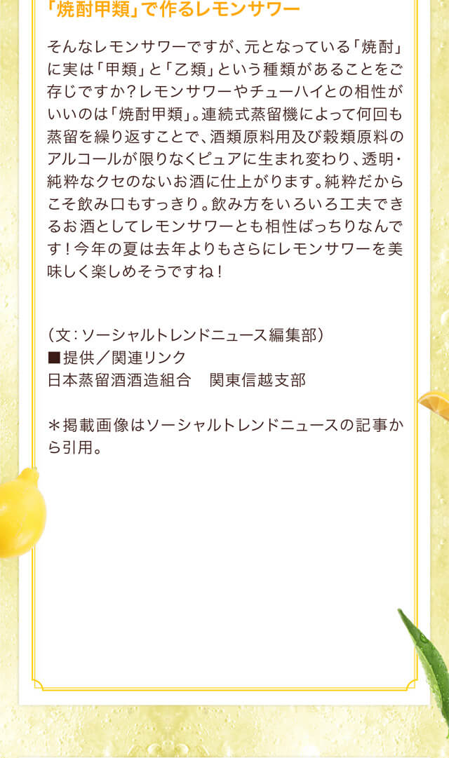 「焼酎甲類」で作るレモンサワー そんなレモンサワーですが、元となっている「焼酎」に実は「甲類」と「乙類」という種類があることをご存じですか？レモンサワーやチューハイとの相性がいいのは「焼酎甲類」。連続式蒸留機によって何回も蒸留を繰り返すことで、酒類原料用及び穀類原料のアルコールが限りなくピュアに生まれ変わり、透明・純粋なクセのないお酒に仕上がります。純粋だからこそ飲み口もすっきり。飲み方をいろいろ工夫できるお酒としてレモンサワーとも相性ばっちりなんです！今年の夏は去年よりもさらにレモンサワーを美味しく楽しめそうですね！（文：ソーシャルトレンドニュース編集部） ■提供／関連リンク 日本蒸留酒酒造組合　関東信越支部 ＊掲載画像はソーシャルトレンドニュースの記事から引用。