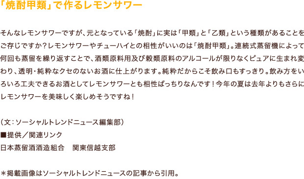 「焼酎甲類」で作るレモンサワー そんなレモンサワーですが、元となっている「焼酎」に実は「甲類」と「乙類」という種類があることをご存じですか？レモンサワーやチューハイとの相性がいいのは「焼酎甲類」。連続式蒸留機によって何回も蒸留を繰り返すことで、酒類原料用及び穀類原料のアルコールが限りなくピュアに生まれ変わり、透明・純粋なクセのないお酒に仕上がります。純粋だからこそ飲み口もすっきり。飲み方をいろいろ工夫できるお酒としてレモンサワーとも相性ばっちりなんです！今年の夏は去年よりもさらにレモンサワーを美味しく楽しめそうですね！（文：ソーシャルトレンドニュース編集部） ■提供／関連リンク 日本蒸留酒酒造組合　関東信越支部 ＊掲載画像はソーシャルトレンドニュースの記事から引用。