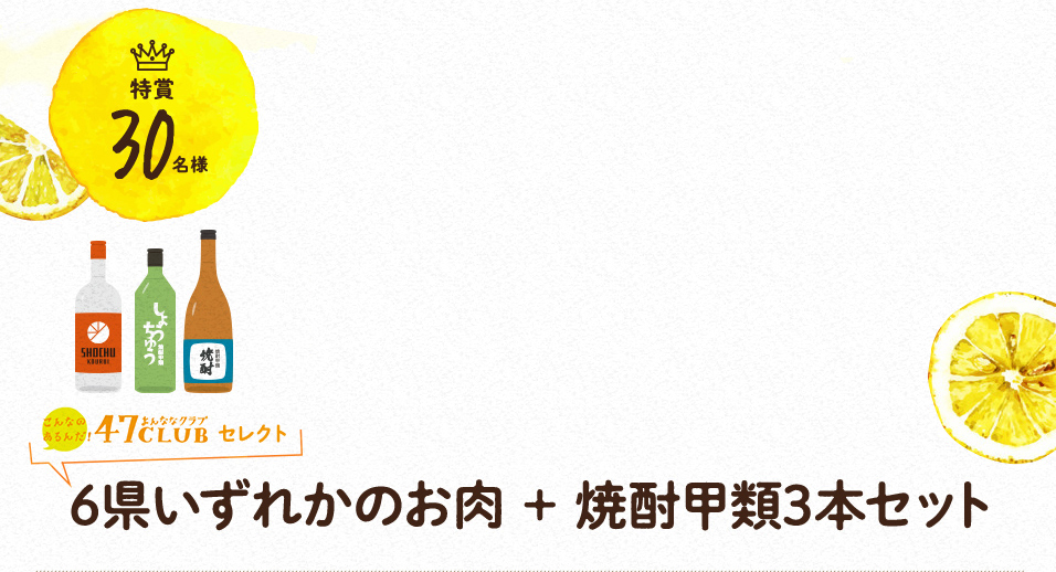 特賞30名様 茨城県 栃木県 群馬県 埼玉県 新潟県 長野県 6県いずれかのお肉+焼酎甲類3本セット