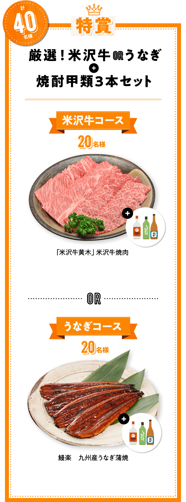 計40名様 特賞 厳選！米沢牛 OR うなぎ + 焼酎甲類3本セット