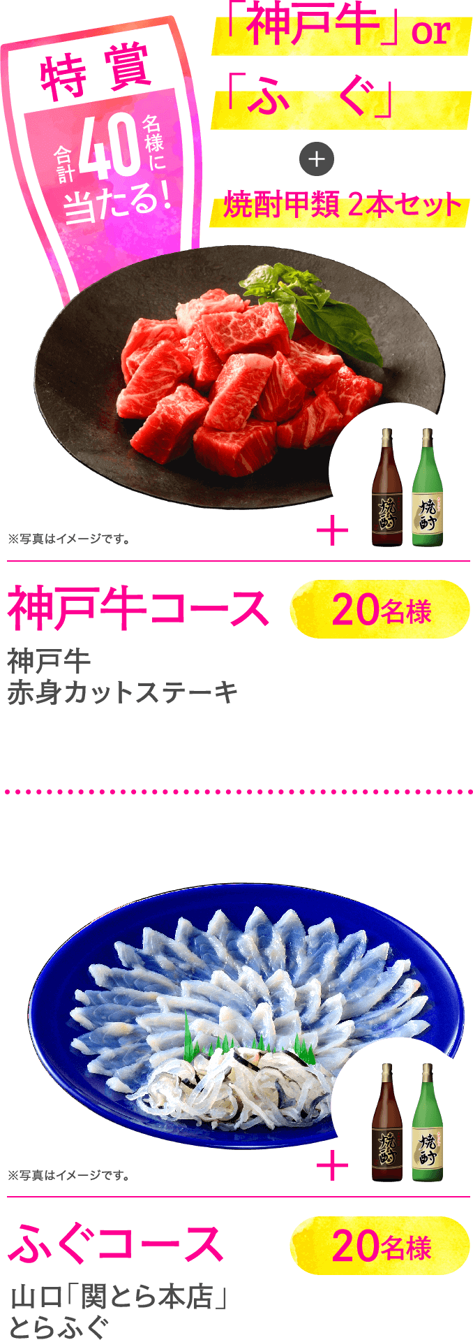 特賞 合計40名様に当たる！ 「神戸牛」or「ふぐ」＋焼酎甲類2本セット 神戸牛コース 20名様 赤身カットステーキ ふぐコース 20名様 山口「関とら本店」とらふぐ