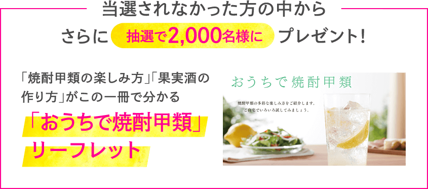 当選されなかった方からさらに抽選で2,000名様にプレゼント！ 「焼酎甲類の楽しみ方」「果実酒の作り方」がこの1冊で分かる「おうちで焼酎甲類」リーフレット