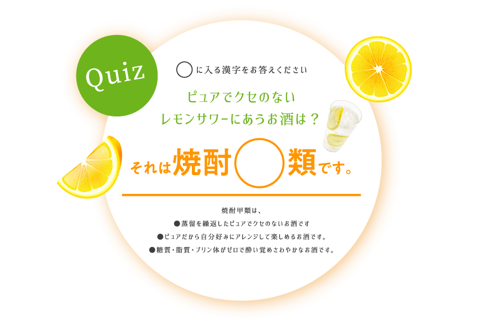 Quiz ○に入る漢字をお答えください ピュアでクセのないレモンサワーにあうお酒は？ それは焼酎○類です。 焼酎甲類は、●蒸留を繰返したピュアでクセのないお酒です ●ピュアだから自分好みにアレンジして楽しめるお酒です。 ●糖質・脂質・プリン体がゼロで酔い覚めさわやかなお酒です。